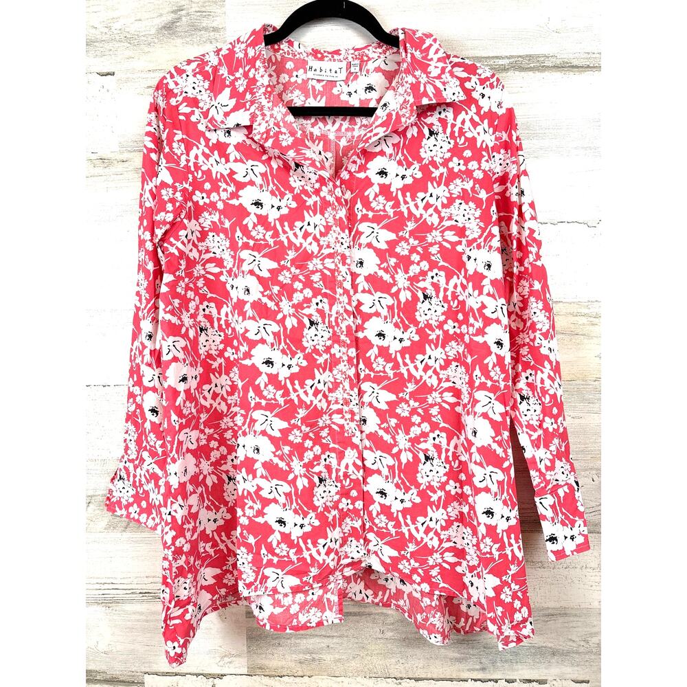 Habitat Womens S Pink White Floral Cotton Button Down Shirt 3/4 Sleeve - Picture 1 of 6